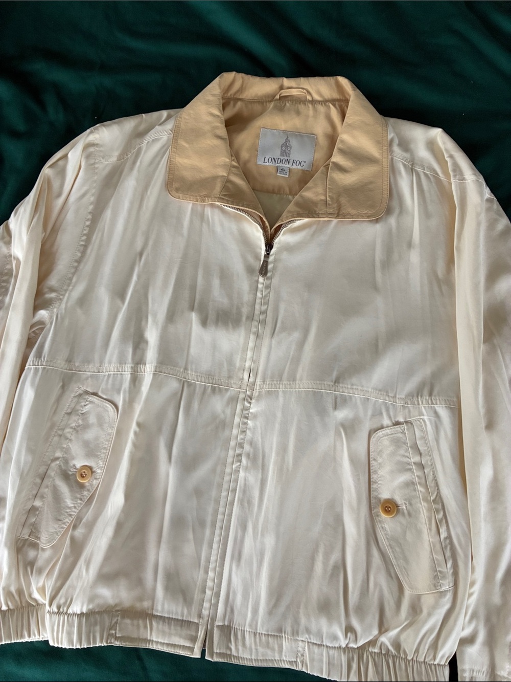 Vintage London Fog Cream Satin Bomber Jacket with Tan Collar
